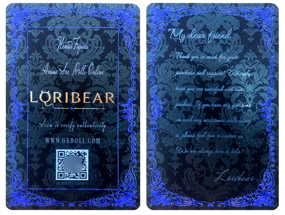 Carte d'authenticité anti-contrefaçon LORIBEAR, recto avec code QR et verso avec un mot de remerciement
