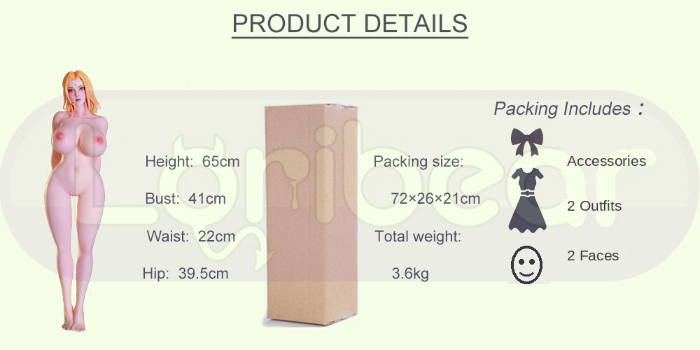 Tsunade Sexpuppe – Spezifikationen: 65 cm groß, Brustumfang 41 cm, Taillenumfang 22 cm, Hüftumfang 39.5 cm, 3.6 kg, inklusive 2 Gesichtern und 2 Outfits