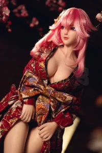 Nahaufnahme der Figur von Yae Miko, sitzend in einem roten Kimono mit goldenem Obi.