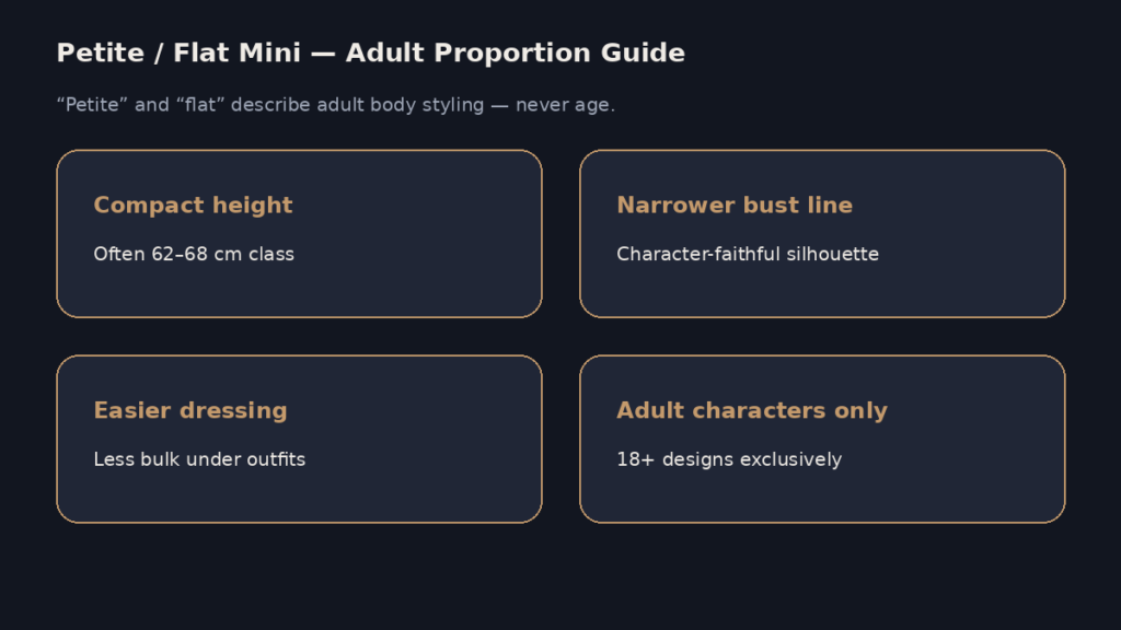 Infographic explaining petite and flat mini dolls as adult proportion styles