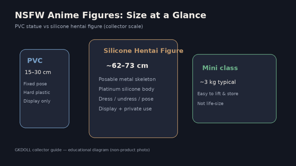 Infographic comparing PVC anime statues with silicone NSFW hentai figures by size and use