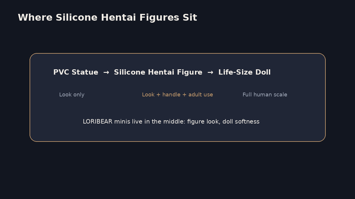 Product spectrum diagram showing where silicone hentai figures sit between statues and life-size dolls