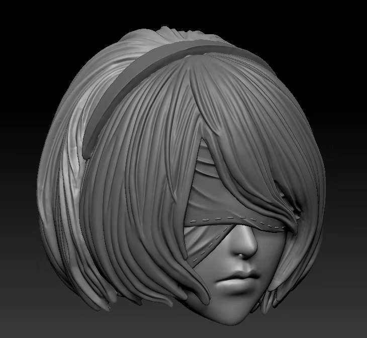 ZBrush sculpt of 2B's head with blindfold and bob haircut