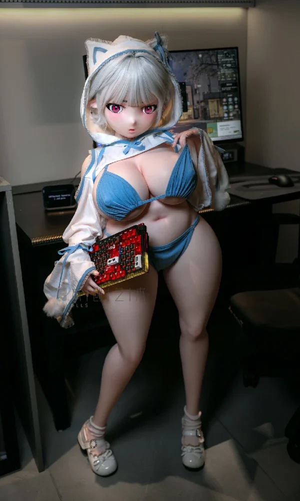 Poupée sexuelle anime Burako de 120 cm - vue de face en bikini bleu et sweat à capuche blanc