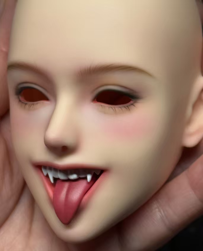 After: the same fanged PU face with its finished hand-painted makeup