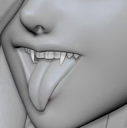 ZBrush close-up of a sculpted open mouth with fangs and tongue
