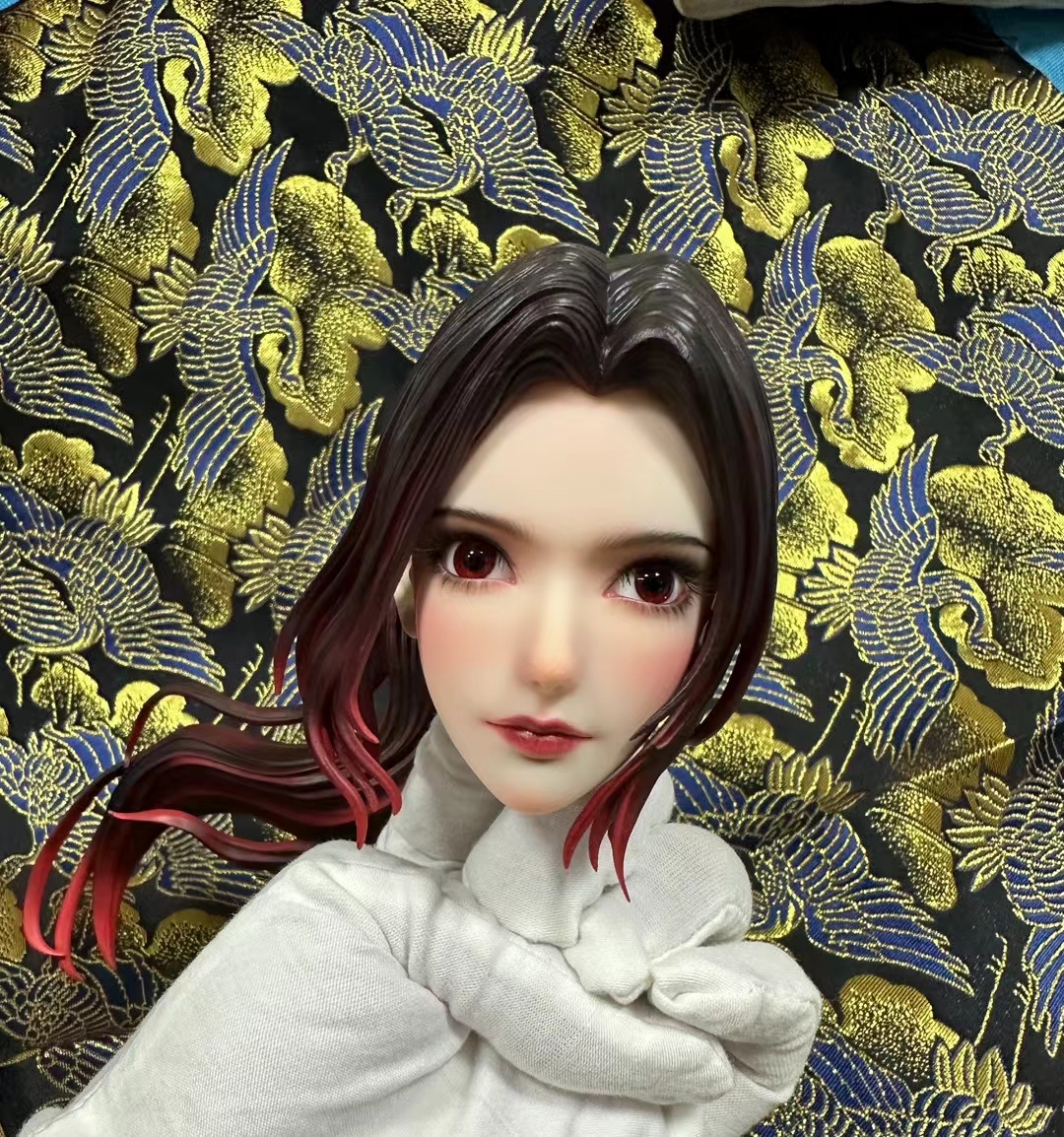 Finished hand-painted PU head of Mai Shiranui, front view, with red eyes and red-tipped ponytail